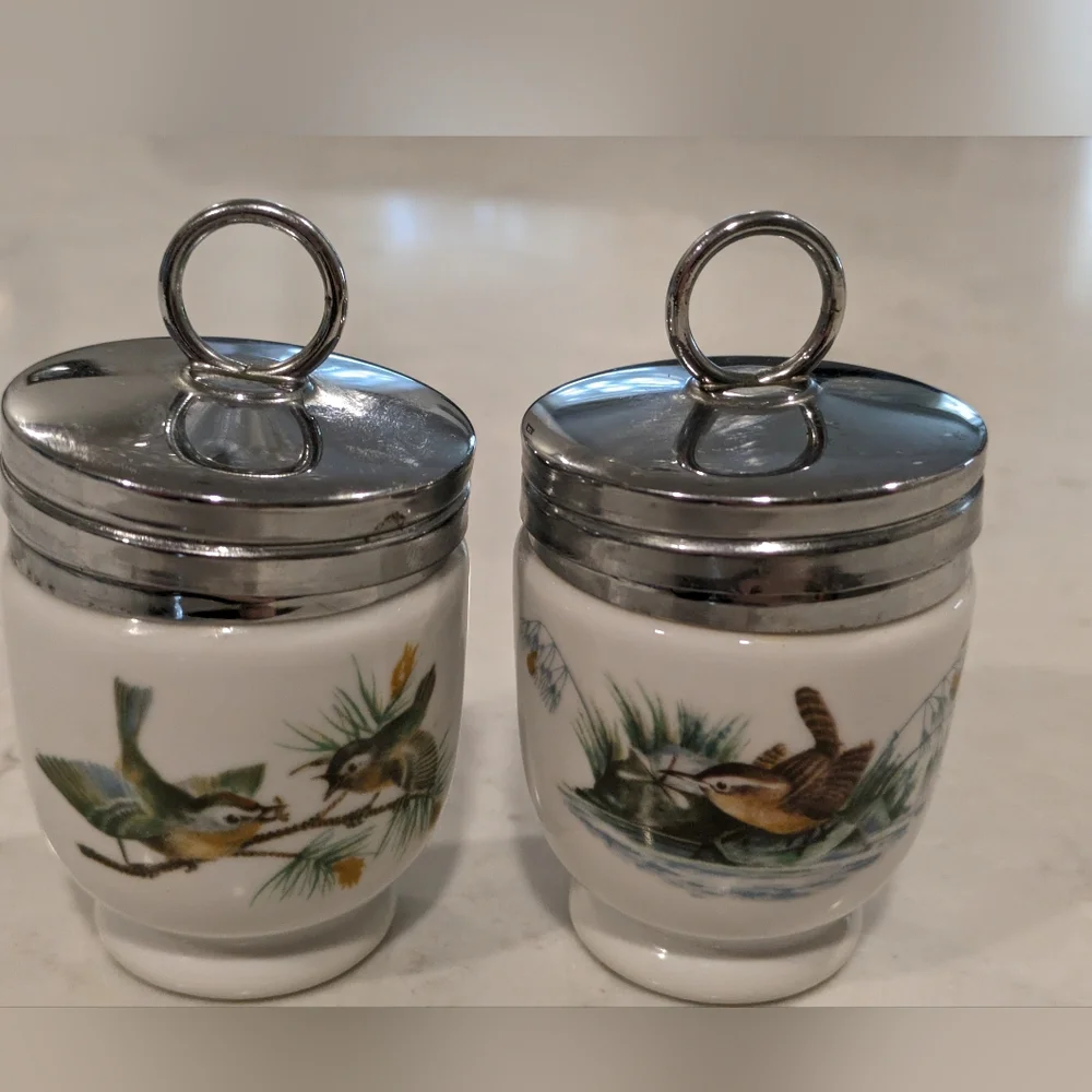 Set of 2 Royal Worcester Colored Salt Sugar Holders - Screw - On Lid. metal Lid
